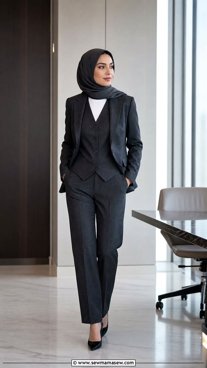 Three piece tailored suit with a hooded hijab - 30 Modest capsule wardrobe 2026