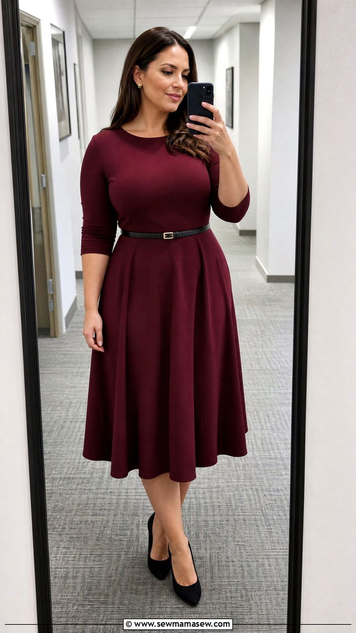 Three quarter sleeve A line midi dress with block heels - 25 Flattering outfits for big arms