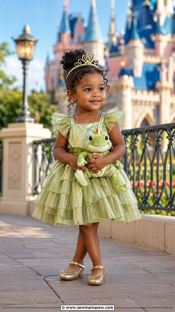 Tiana Green Dress and Tiara Combo - 35 Disney outfit ideas for toddlers