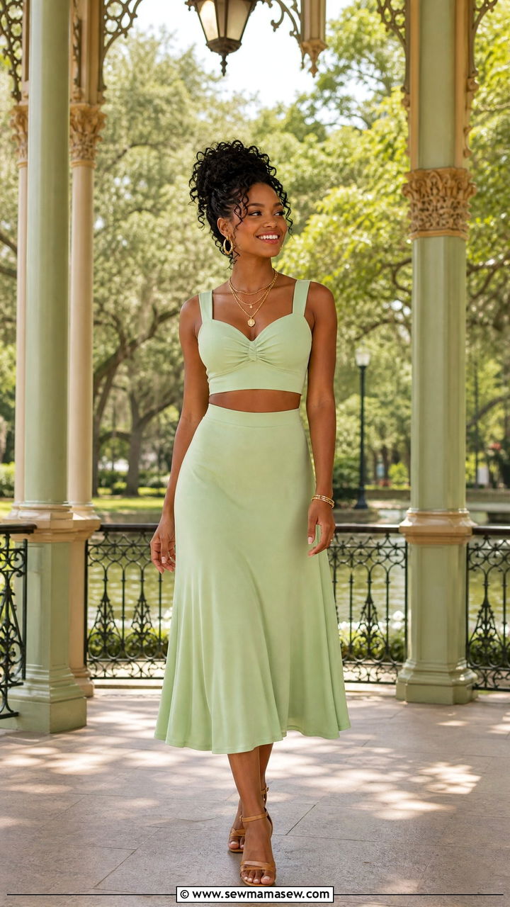 Tiana Inspired Green Two Piece Set With Gold Jewelry And Sandals - 40 Disney trip outfit ideas