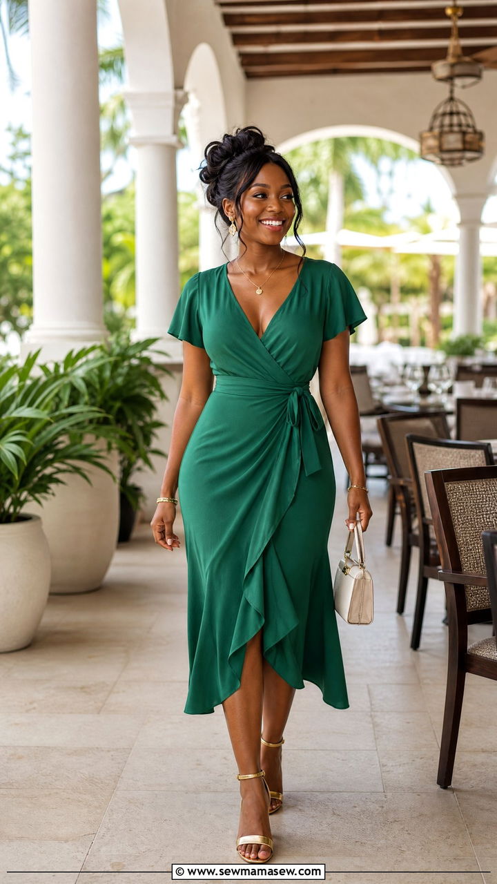 Tiana green wrap midi dress for signature dining - 30 Disney outfit ideas for honeymoon