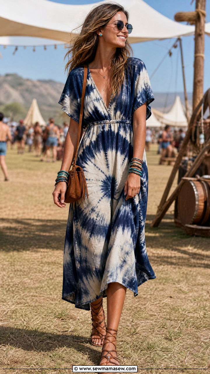 Tie Dye Boho Dress with Stacked Turquoise and Leather Bracelets - 25 Boho outfit ideas with turquoise jewelry