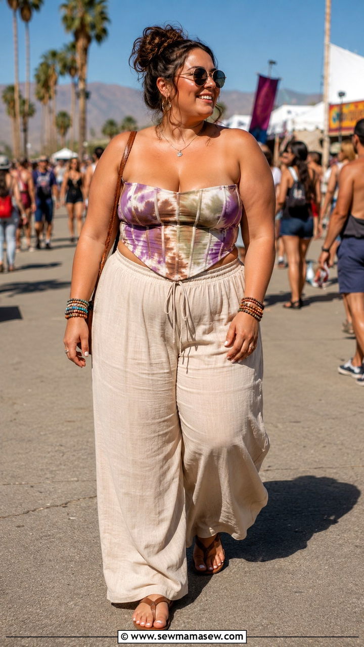 Tie Dye Corset Top With Wide Leg Linen Pants And Flat Leather Sandals - 30 Plus size outfit ideas for festival