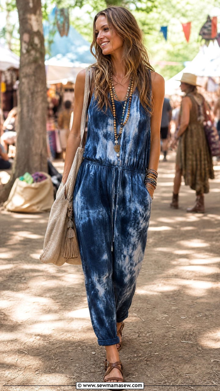 Tie Dye Cotton Jumpsuit with Flat Sandals - 30 summer jumpsuit outfit ideas