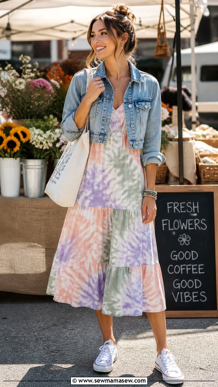 Tie Dye Dress And Denim Jacket Brunch Outfit - 40 Brunch outfits for women