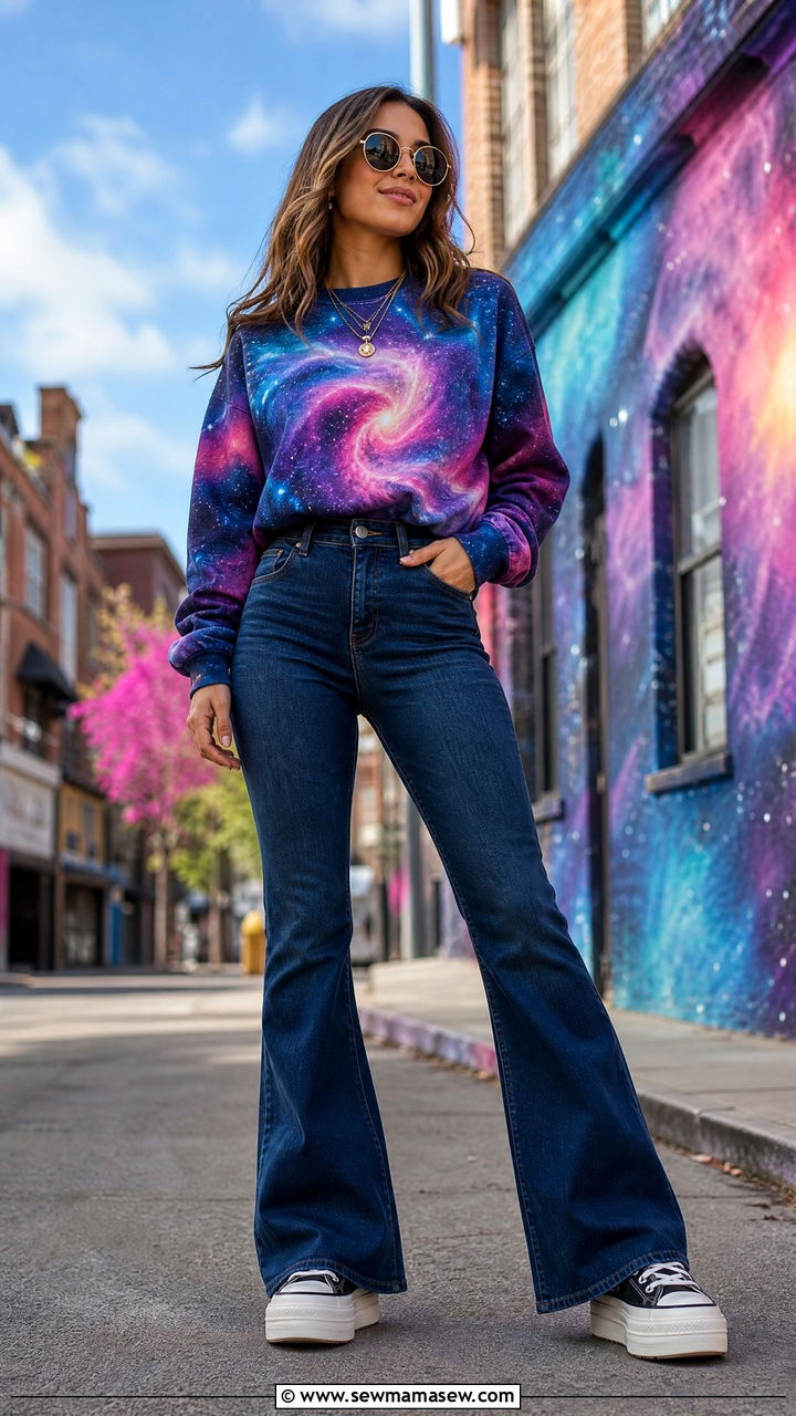 Tie Dye Galaxy Sweatshirt with Flared Jeans - 25 casual celestial outfits