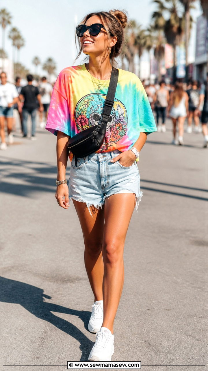 Tie Dye Graphic Tee With Frayed Hem Jorts - 40 summer street style outfits