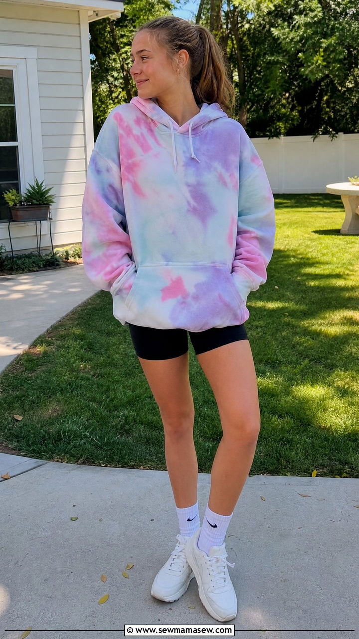 Tie Dye Hoodie with Biker Shorts - 30 Cute outfits for teens