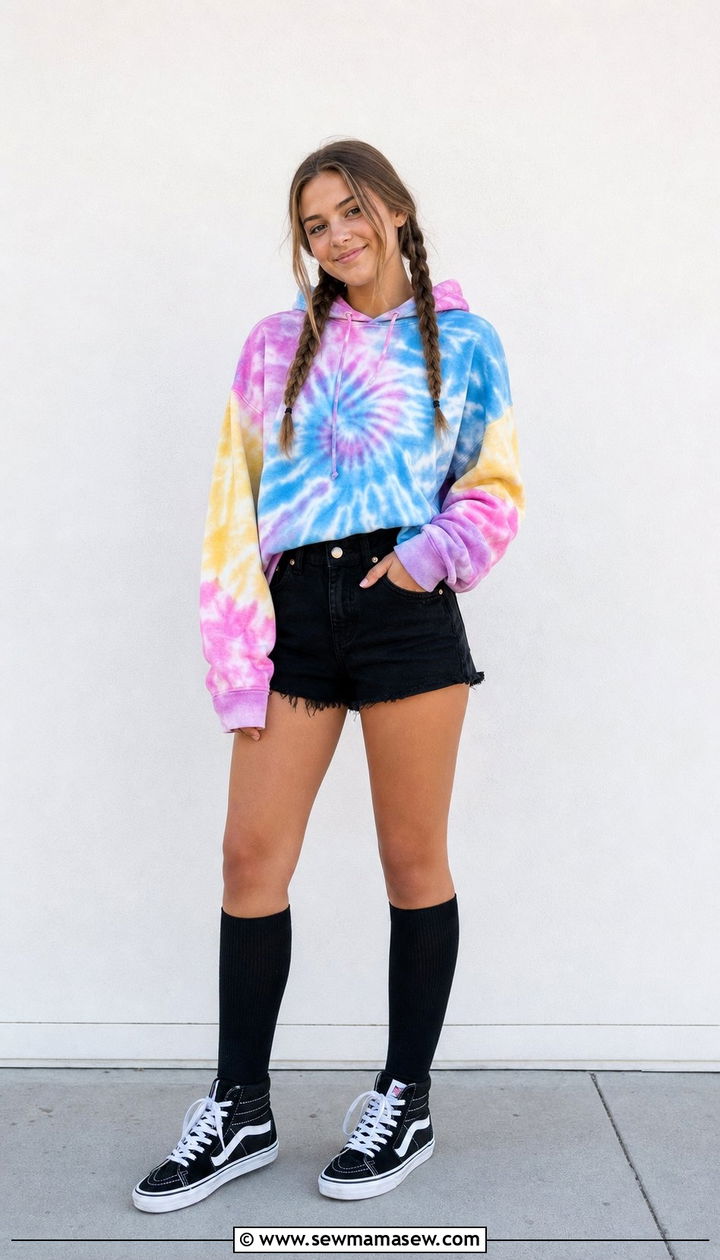 Tie Dye Hoodie with Black Denim Shorts and High Top Sneakers Outfit - 35 Back to school outfit ideas 10th grade