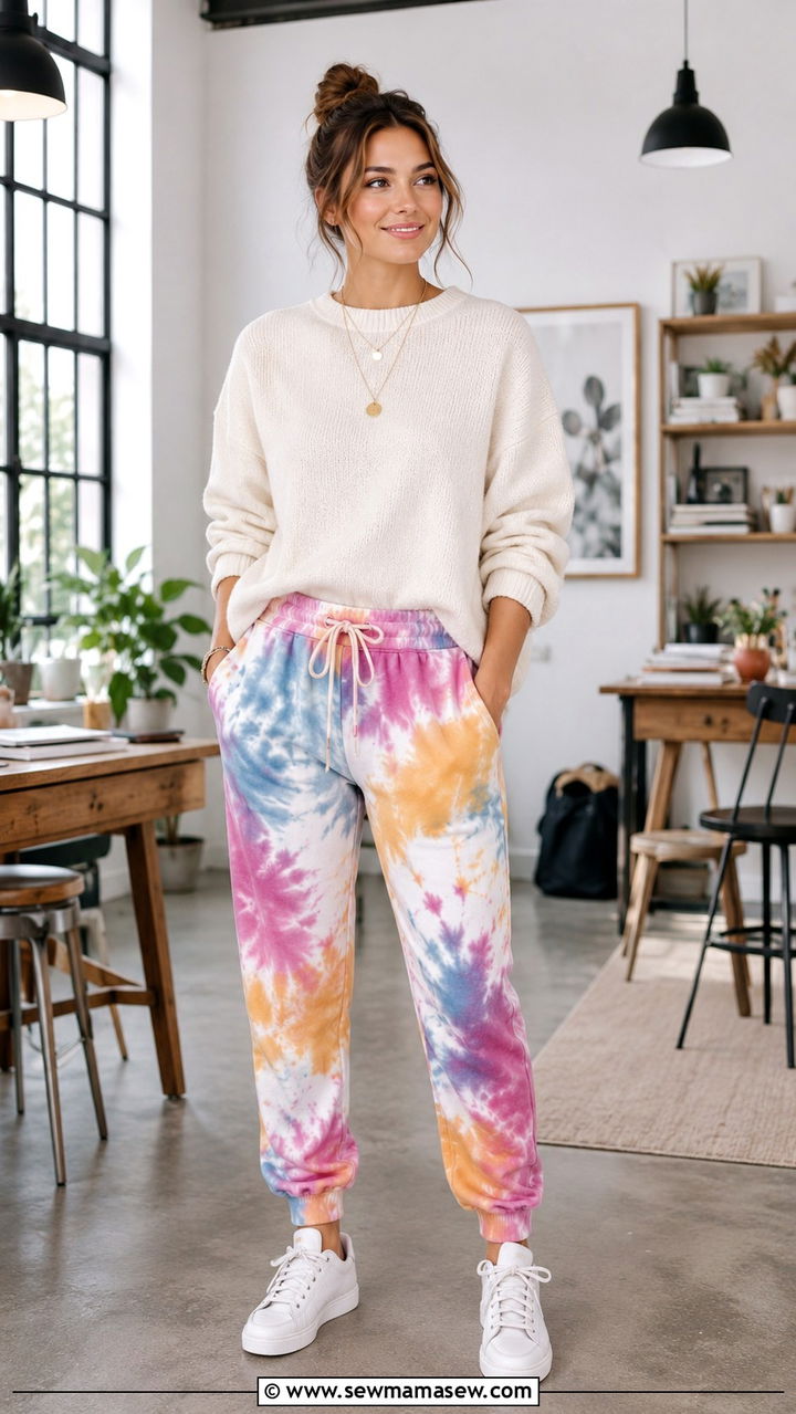 Tie Dye Joggers with a Solid Neutral Sweater - 30 joggers outfit ideas for women