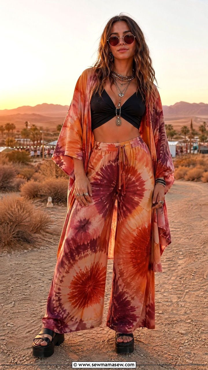 Tie Dye Kimono with Crop Top and Matching Pants - 35 festival outfits inspo