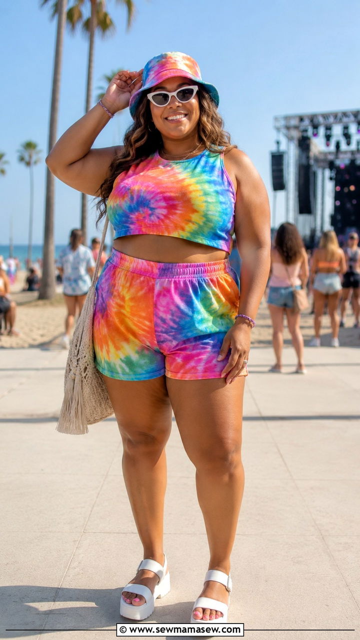 Tie Dye Matching Set With Bucket Hat And Platform Sandals - 30 Plus size concert outfit ideas