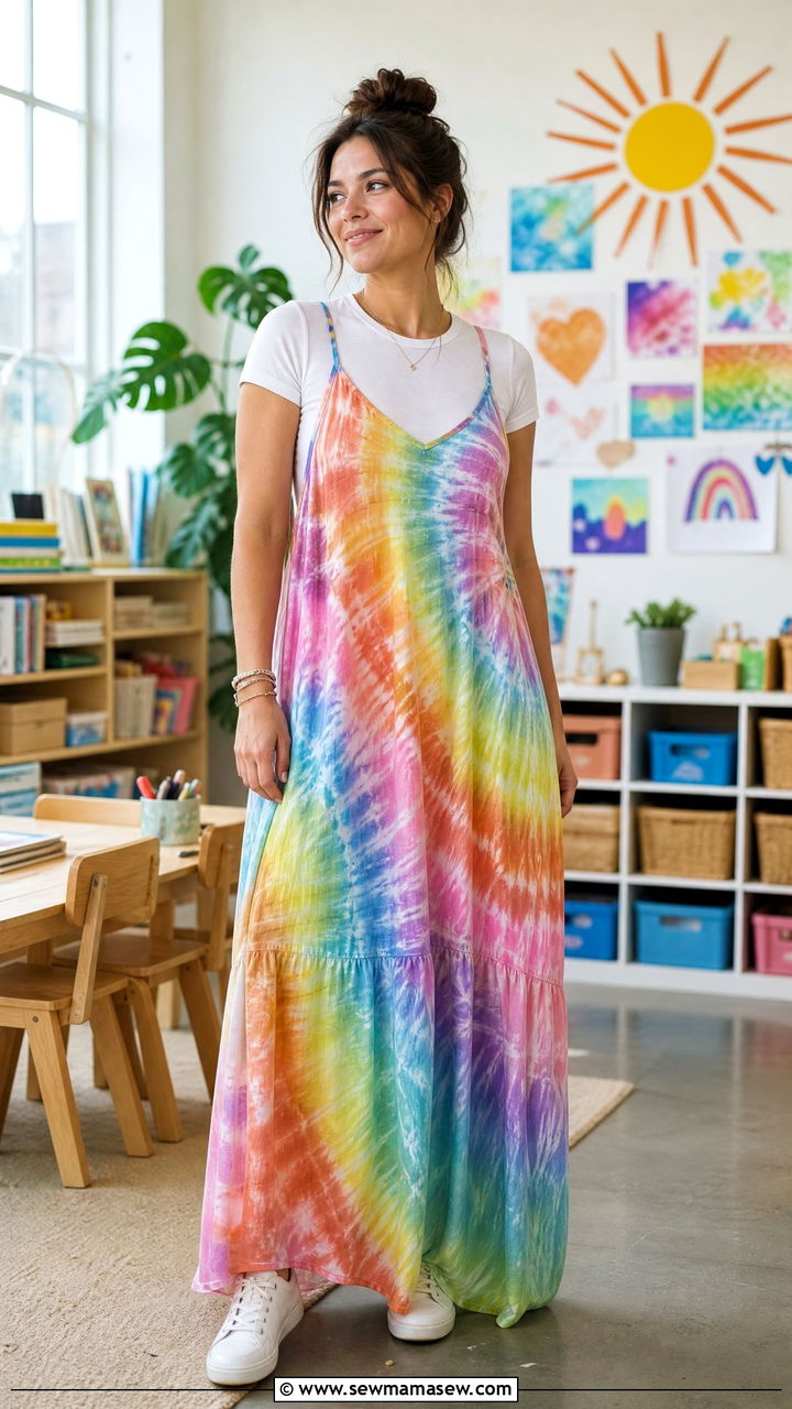 Tie Dye Maxi Dress Over White Tee Outfit - 30 summer outfits for teachers