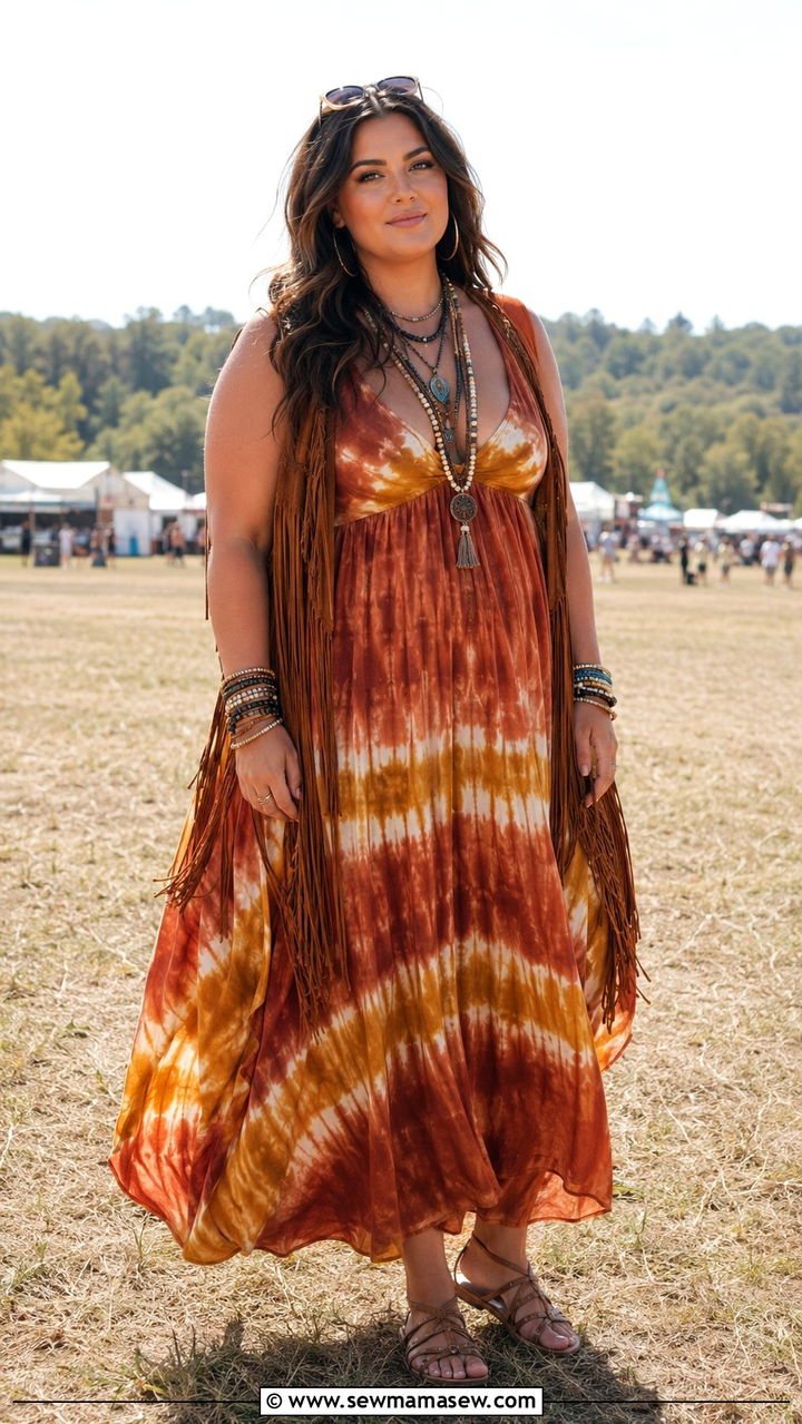 Tie Dye Maxi Dress With Fringe Vest - 25 Plus size outfit ideas boho