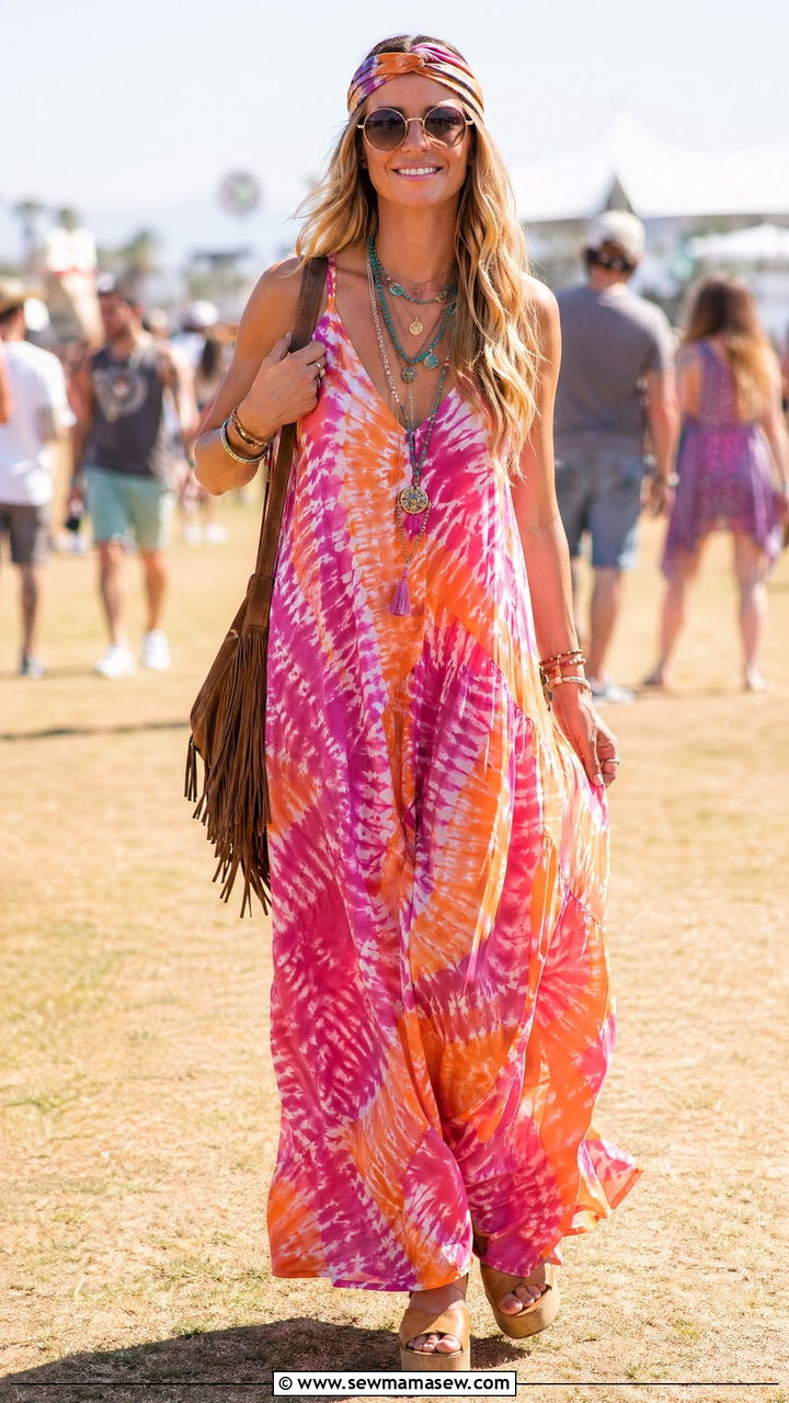 Tie Dye Maxi Dress With Platform Sandals and Layered Beads - 35 festival outfits aesthetic