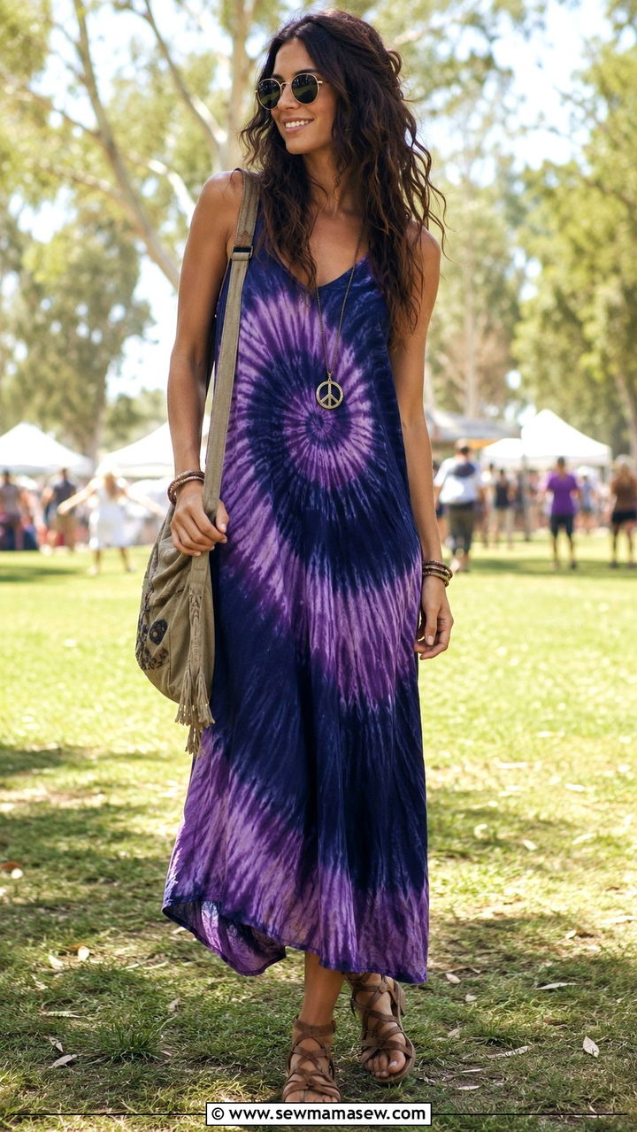 Tie Dye Maxi Dress With Round Sunglasses - 25 Boho outfit ideas 60s style