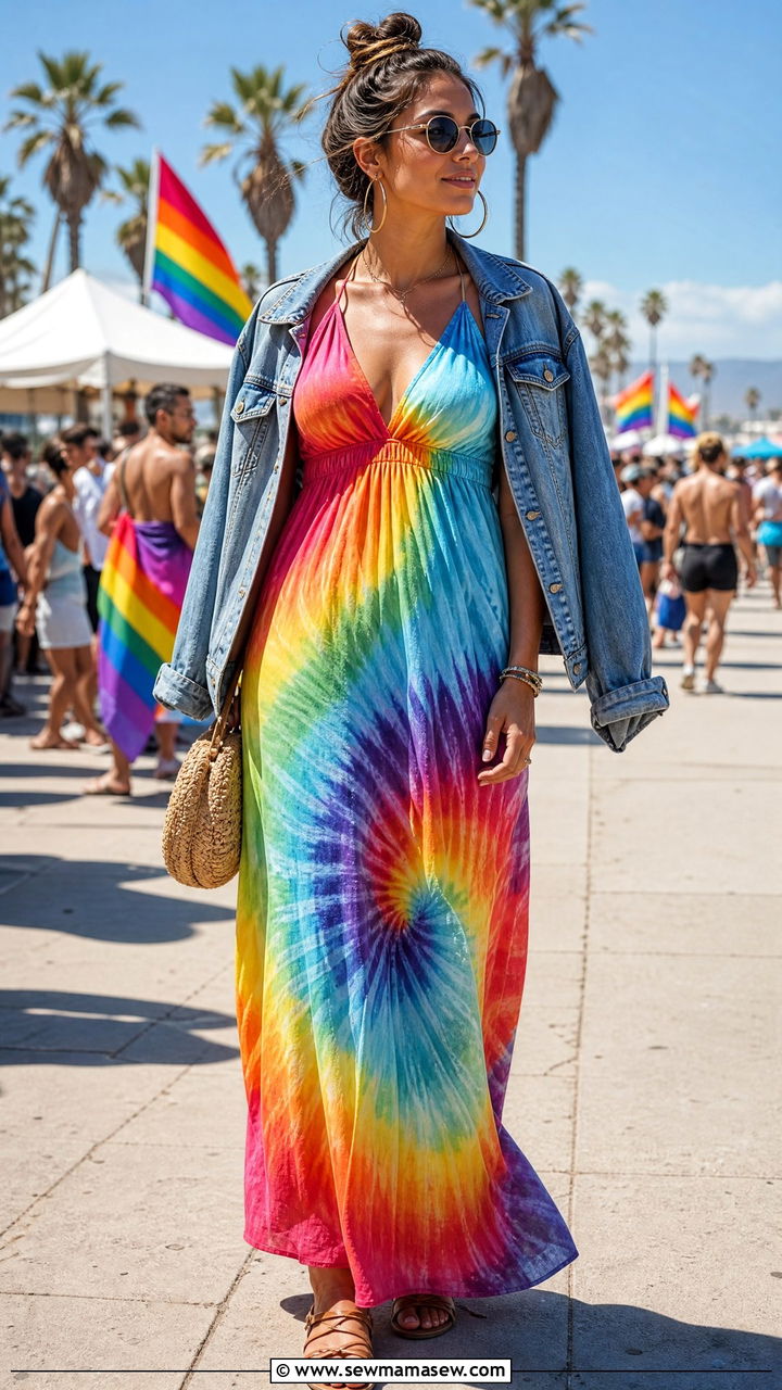 Tie Dye Maxi Dress and Flat Sandals Outfit - 25 June Pride outfit ideas