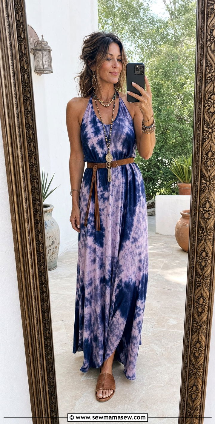 Tie Dye Maxi Dress with Leather Sandals - 35 boho outfits for women
