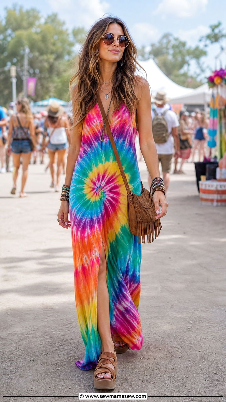 Tie Dye Maxi Dress with Platform Sandals - 35 Hippie outfit ideas