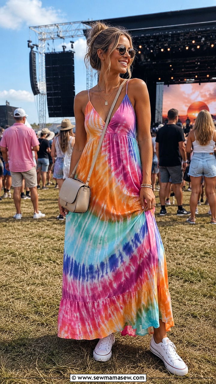 Tie Dye Maxi Dress with White Sneakers - 30 spring maxi dress outfit ideas