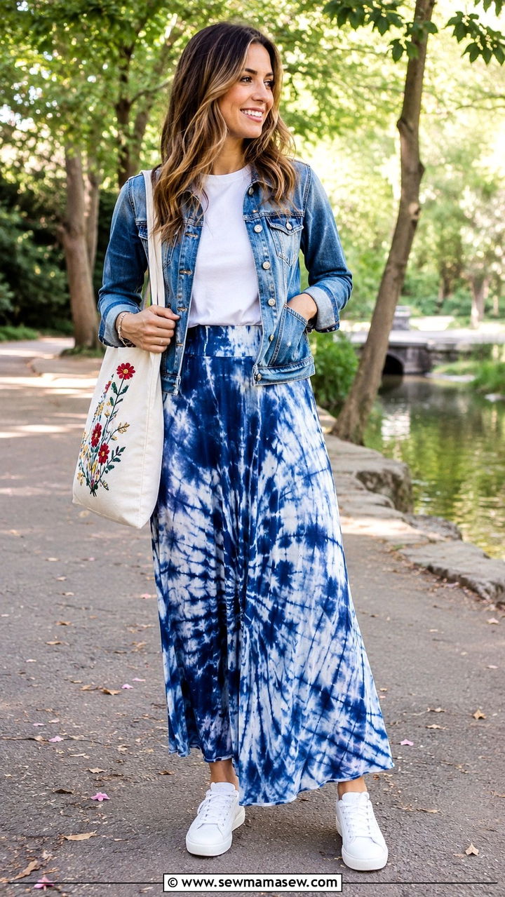 Tie Dye Maxi Skirt With White Tee And Denim Jacket - 30 Bohemian wardrobe essentials