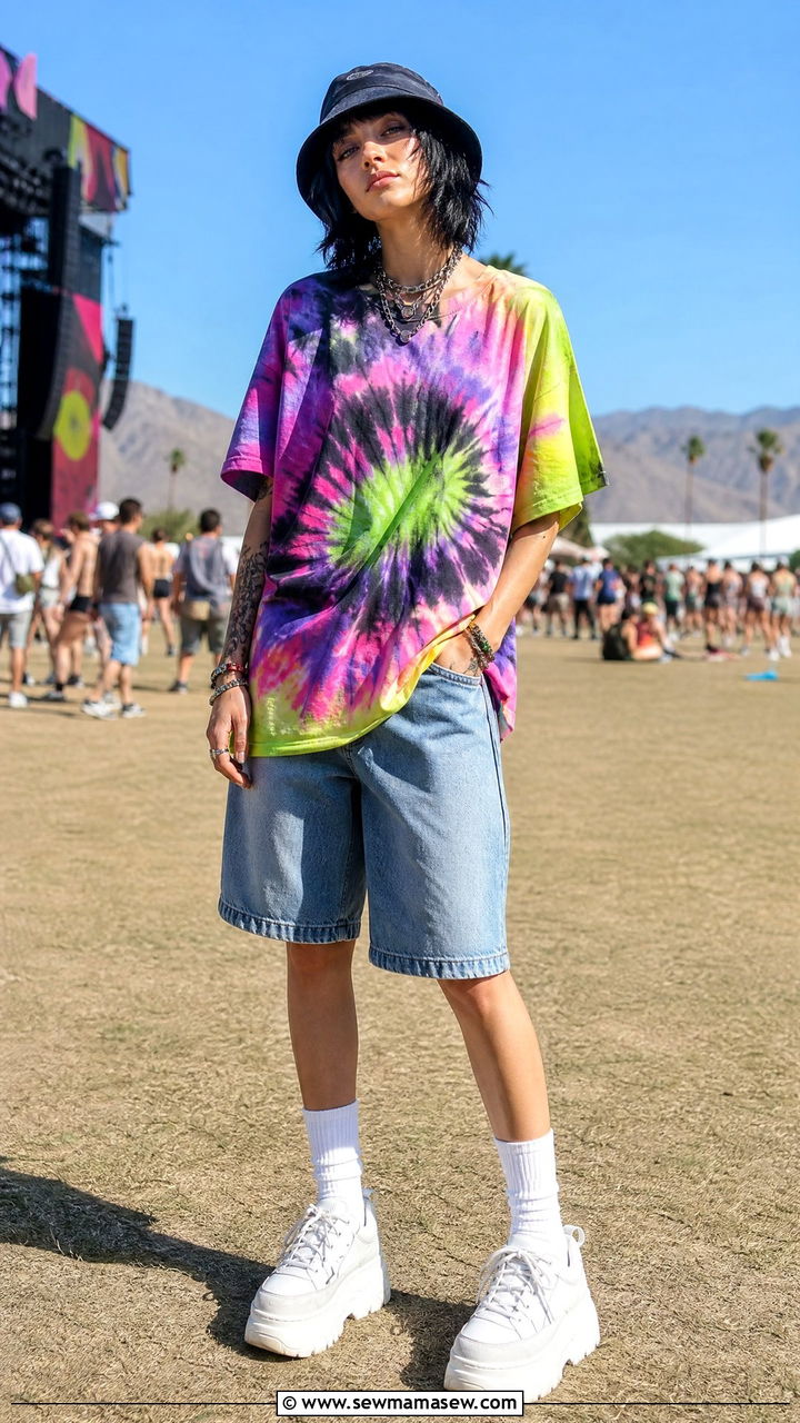 Tie Dye Oversized Tee With Baggy Denim Shorts - 35 Billie Eilish concert outfit ideas