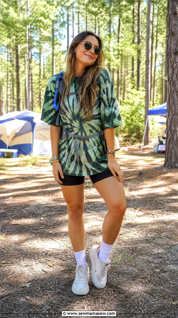 Tie Dye Oversized Tee With Biker Shorts - 30 Electric forest outfit ideas