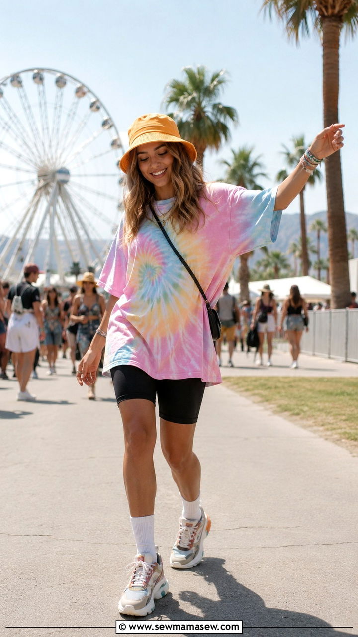 Tie Dye Oversized Tee With Biker Shorts - 30 casual Coachella outfits