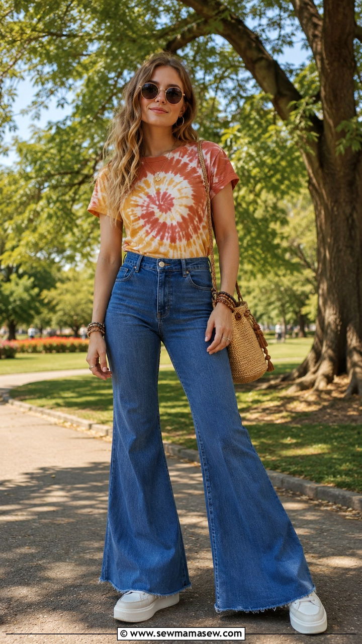 Tie Dye Shirt With Bell Bottom Jeans Outfit - 25 70s outfit ideas 2026