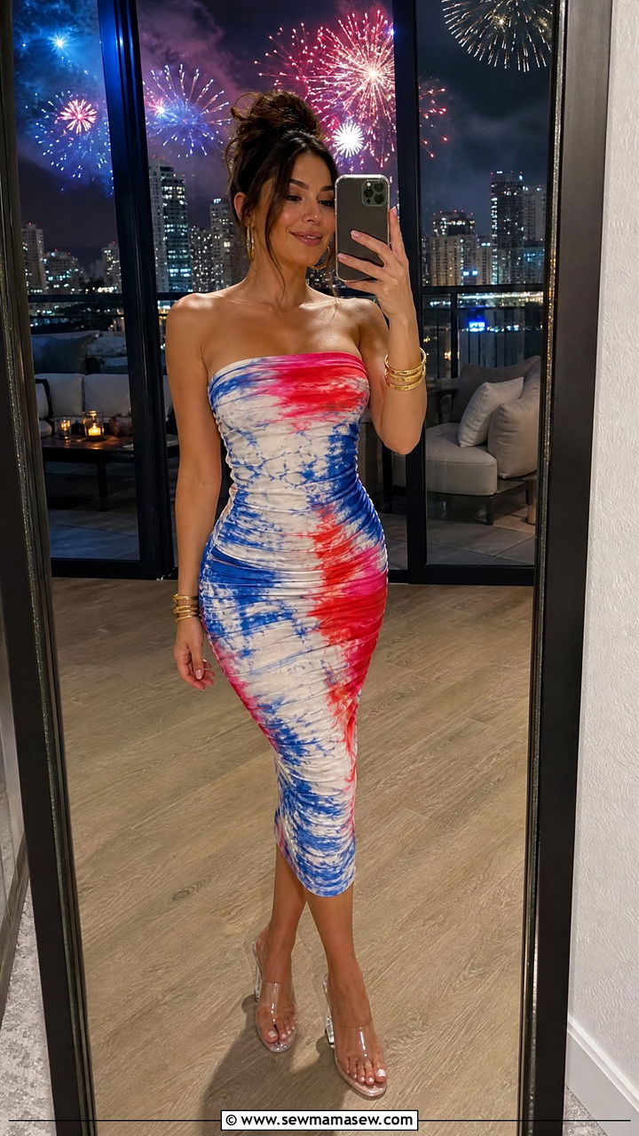 Tie Dye Strapless Bodycon Dress With Clear Heels - 30 summer fourth of july outfit ideas
