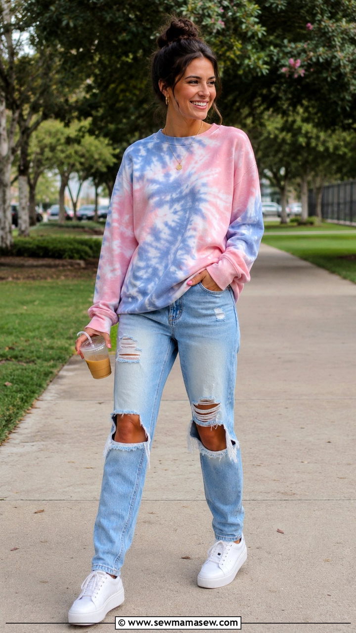 Tie Dye Sweatshirt With Distressed Denim And Platform Sneakers Outfit - 30 Indie outfit ideas