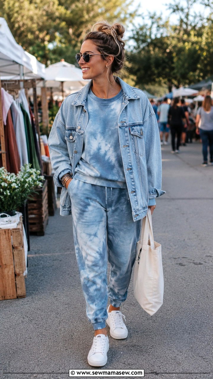 Tie Dye Sweatsuit With Denim Jacket - 30 Sweatsuit outfit ideas women