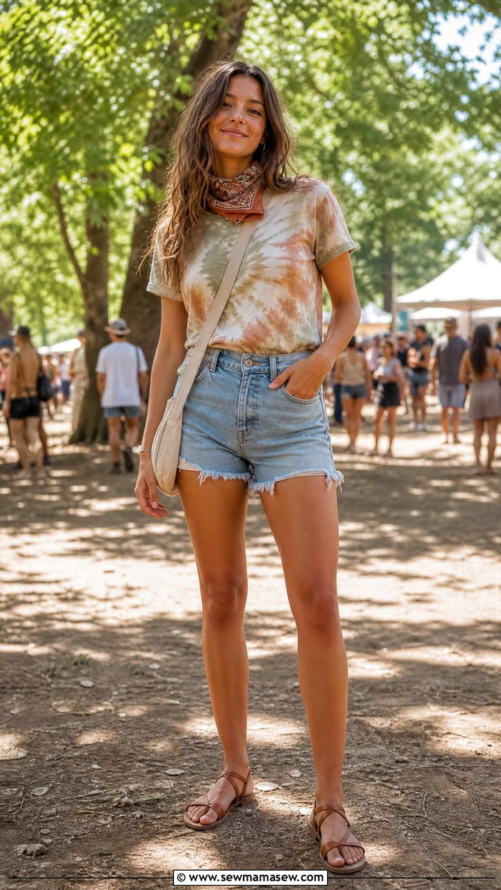 Tie Dye T Shirt And Denim Shorts Outfit - 25 Firefly Festival outfit ideas