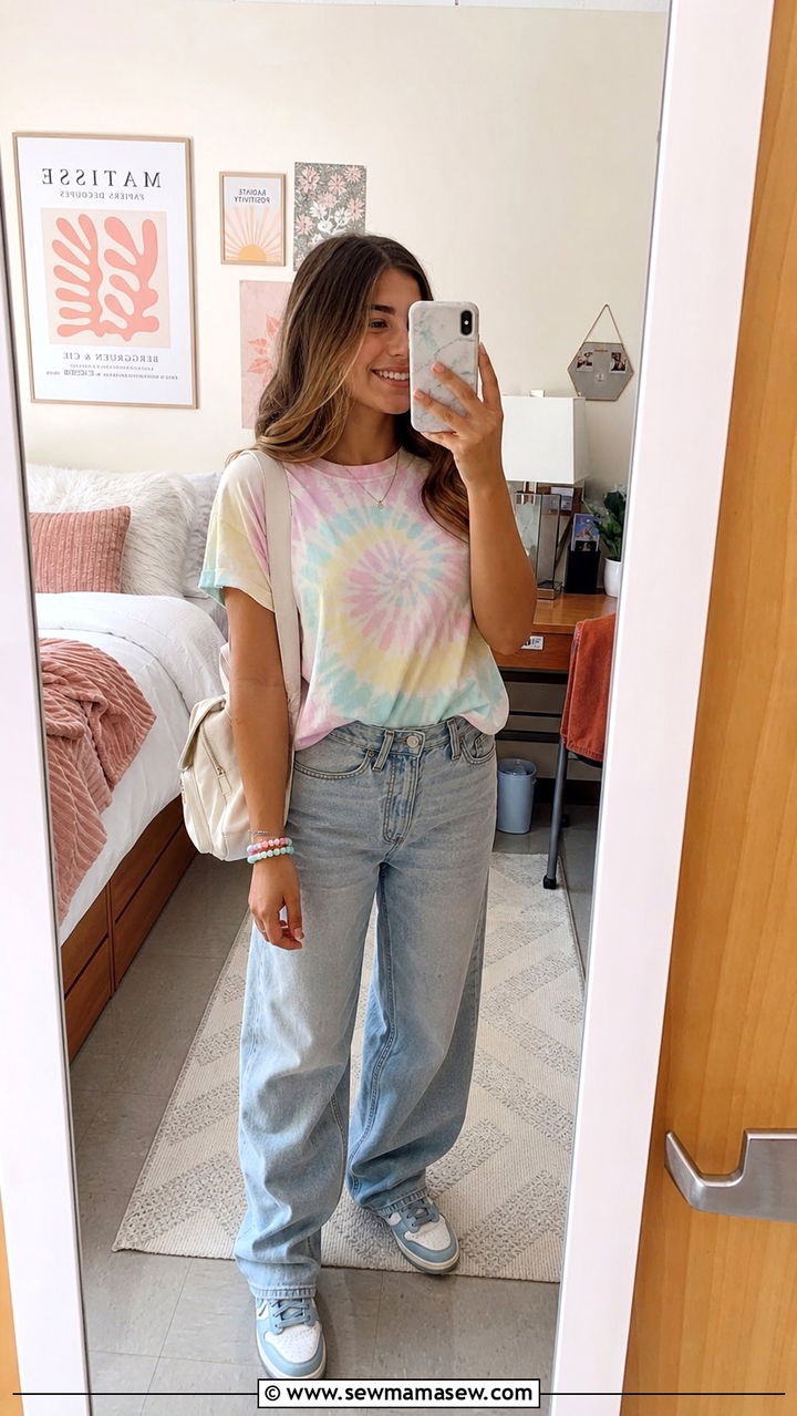 Tie Dye Tee Baggy Jeans Retro Sneakers Outfit - 25 college outfits aesthetic