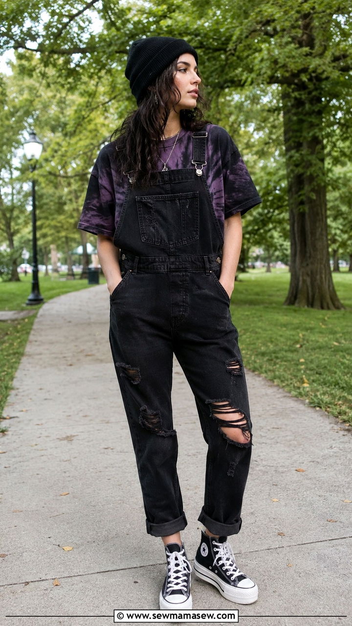 Tie Dye Tee With Black Overalls and Platform Converse - 30 grunge outfits aesthetic