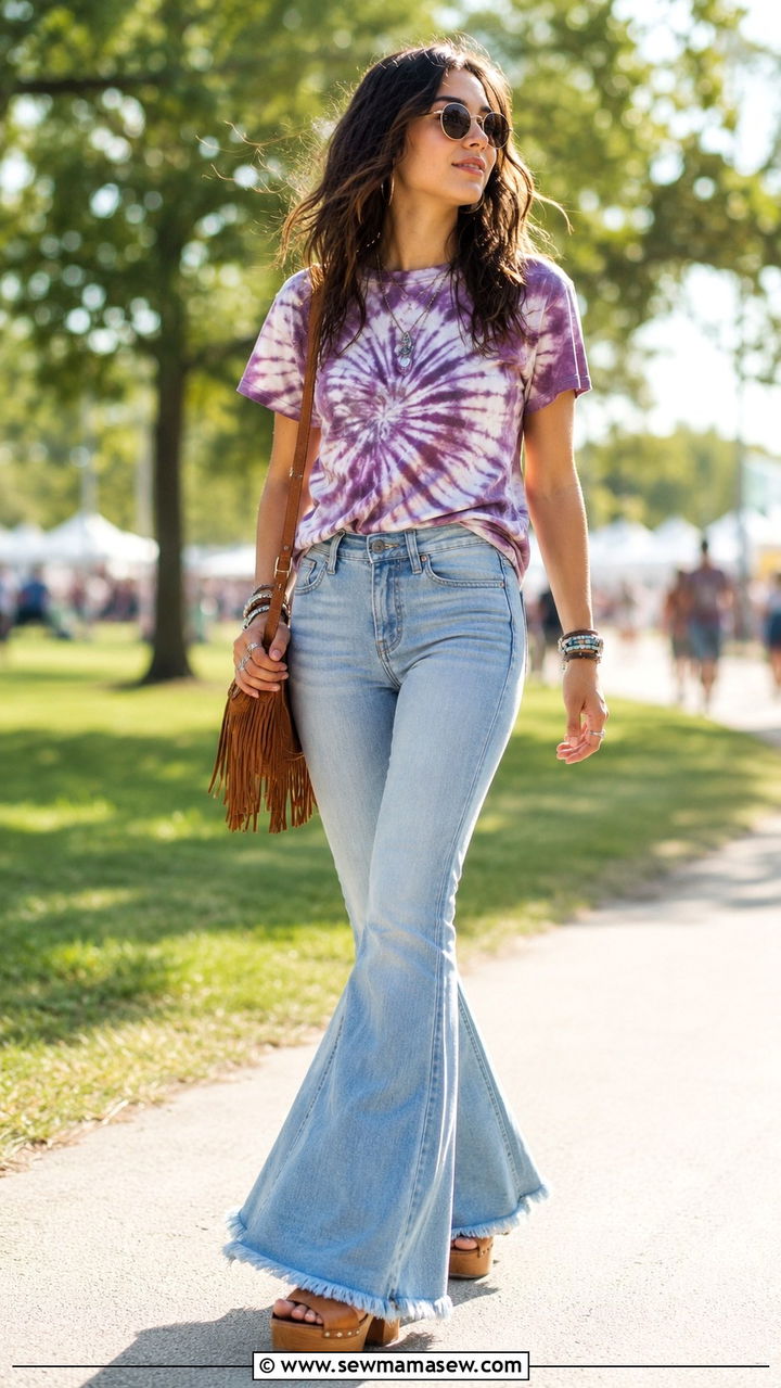 Tie Dye Tee With Flared Jeans Outfit - 30 Rock and roll outfit ideas