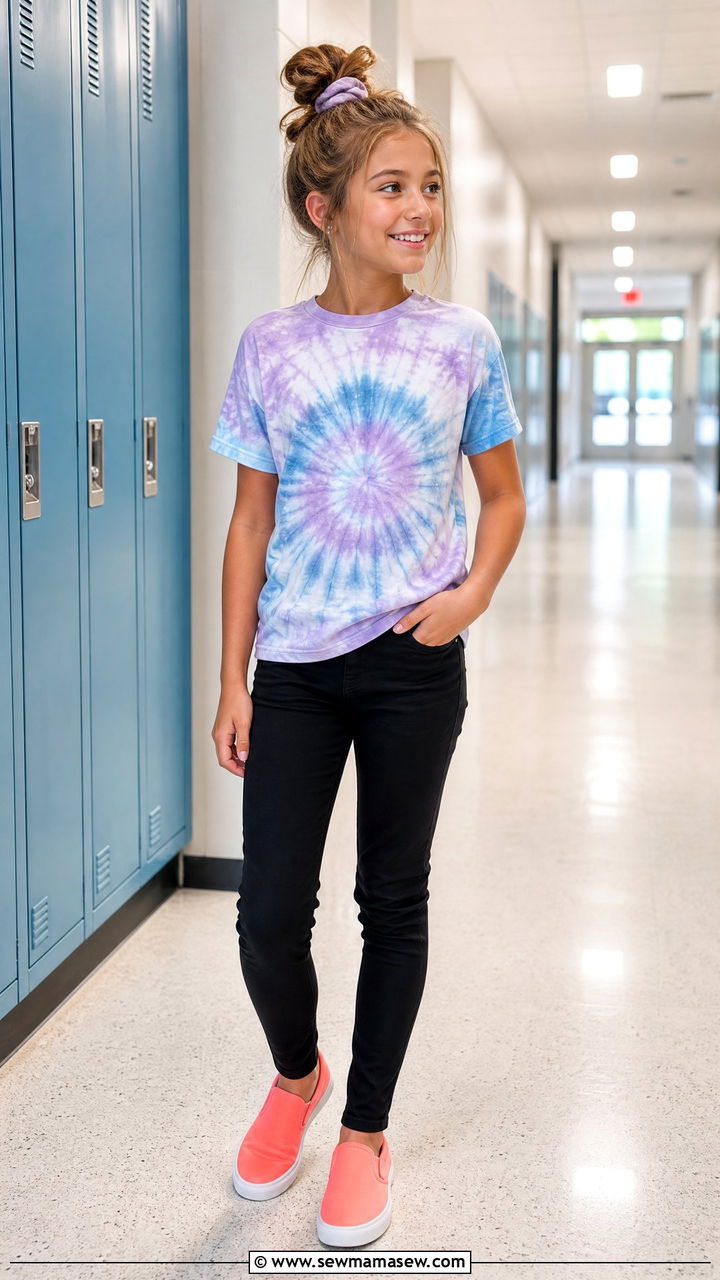 Tie Dye Tee With Jeggings And Colorful Sneakers Outfit - 25 First day of middle school outfit ideas
