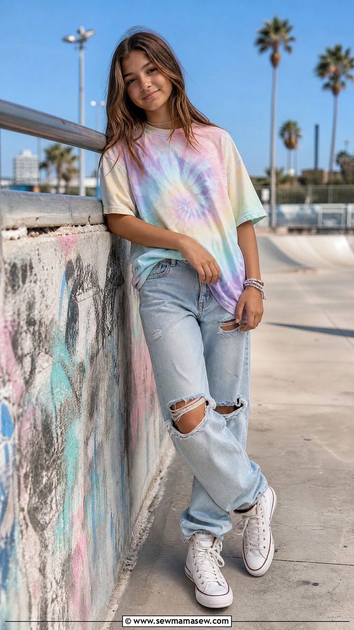 Tie Dye Tee With Ripped Jeans And Converse - 30 Cute outfits for 13 year olds