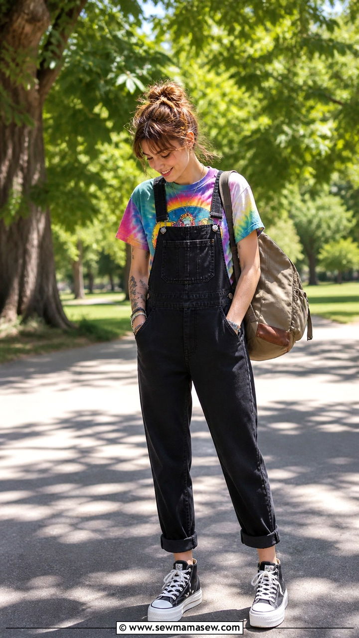 Tie Dye Tee and Black Overalls Grunge Look - 40 grunge outfits for women