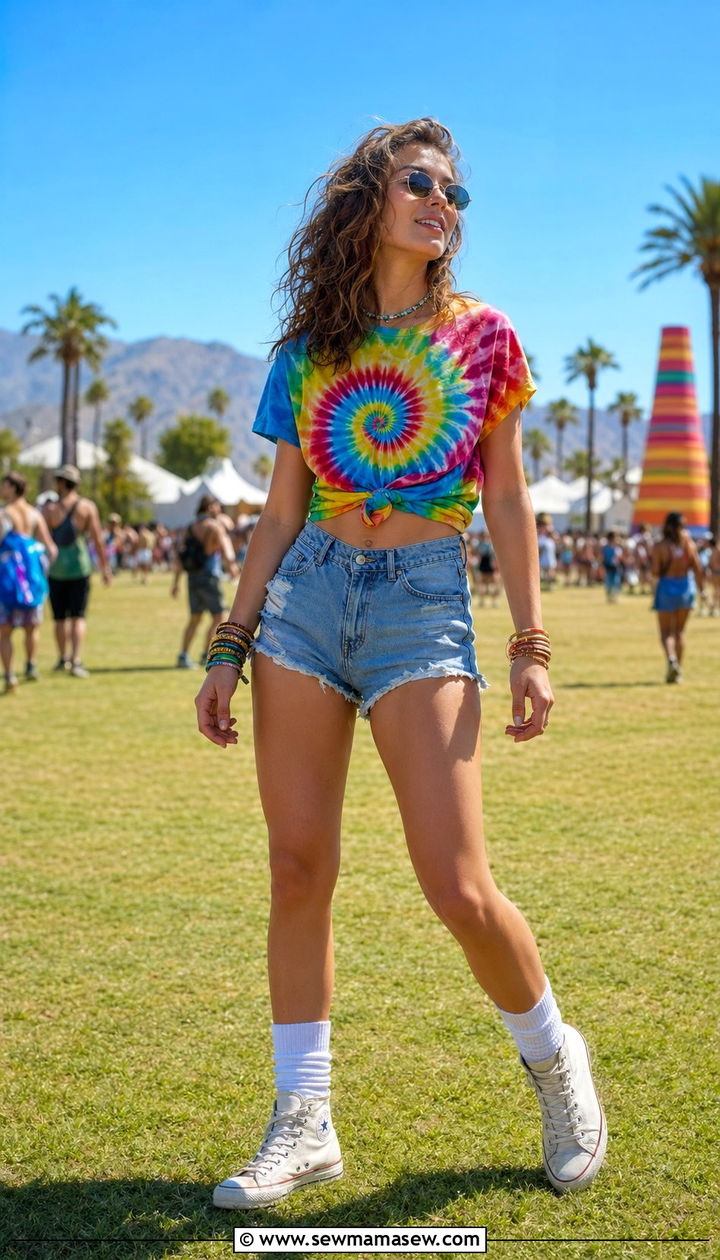 Tie Dye Tee and High Waisted Shorts Outfit - 35 90s outfits ideas