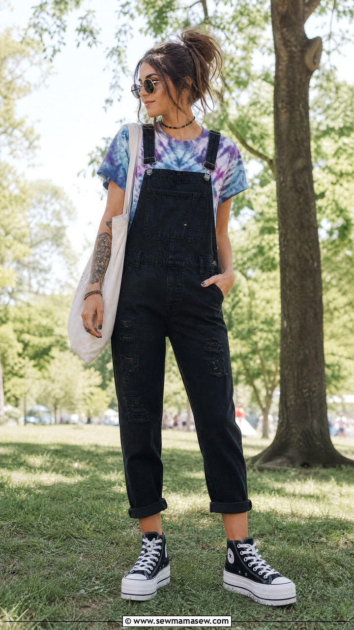 Tie Dye Tee with Black Overalls and Platform Sneakers - 30 summer grunge outfits