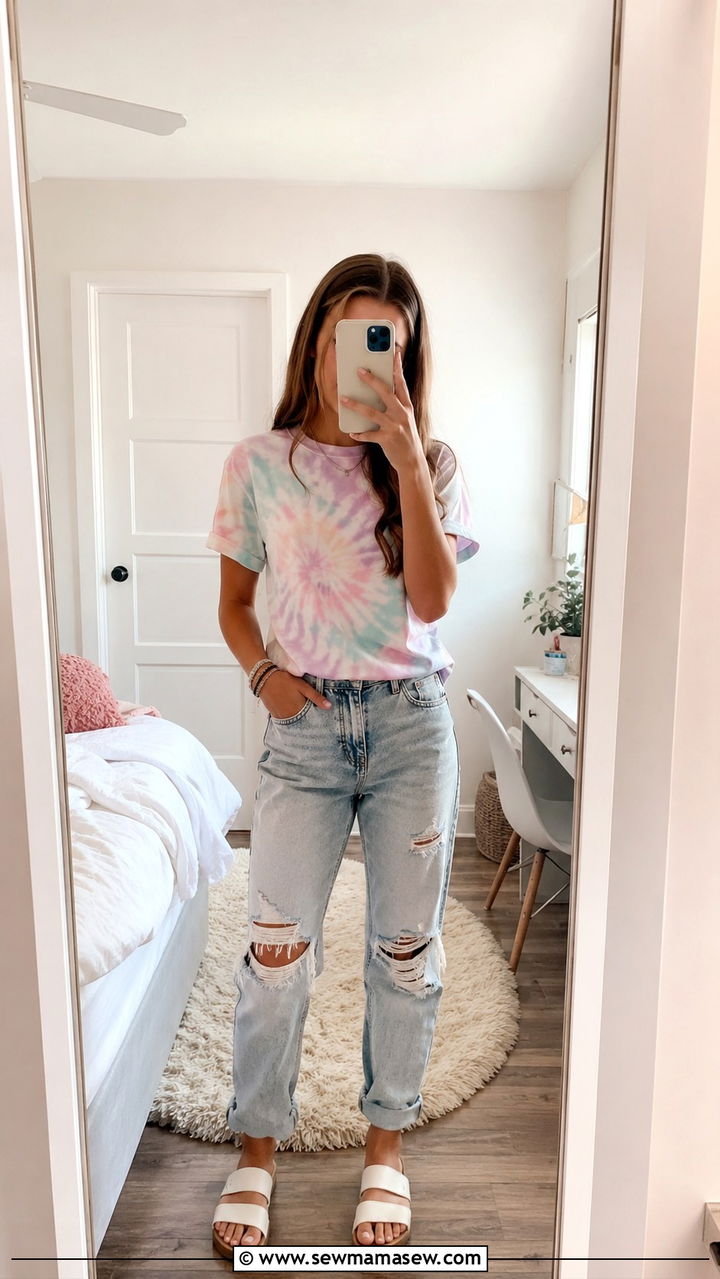 Tie Dye Tee with Distressed Jeans and Slide Sandals - 30 Spring outfits for middle school