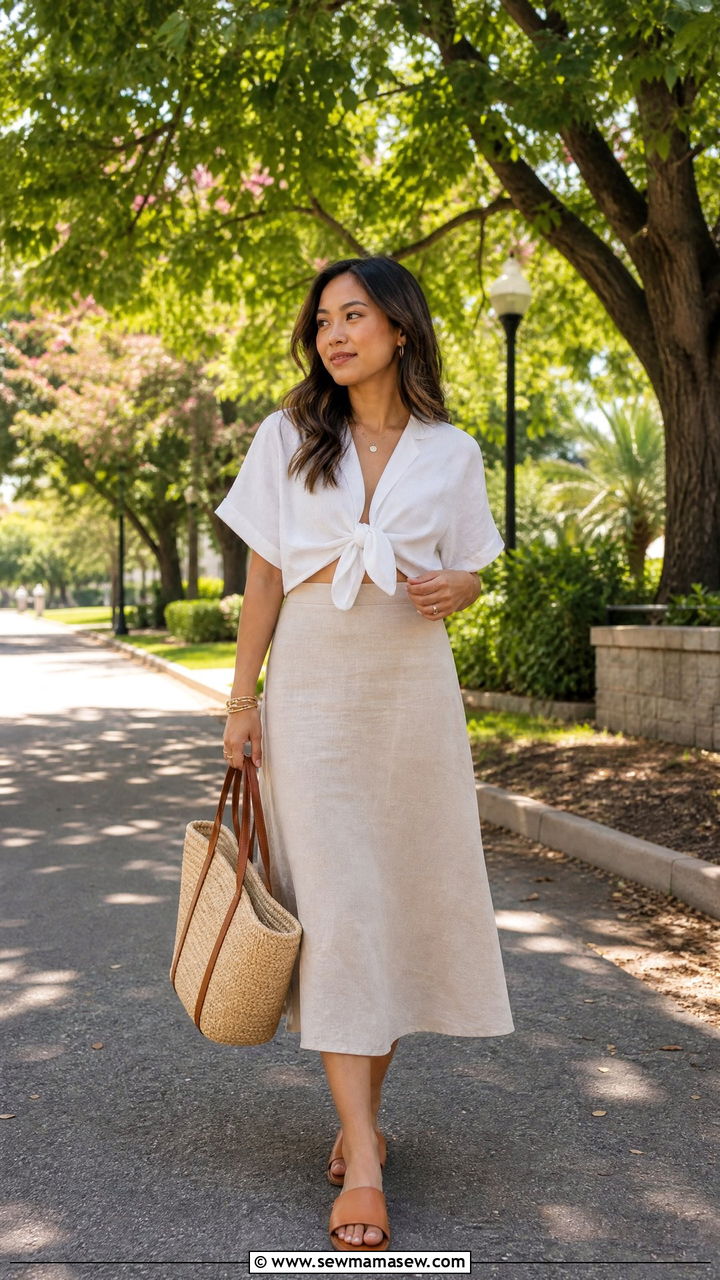 Tie Front Blouse With Linen Midi Skirt - 30 Summer capsule wardrobe for petite women