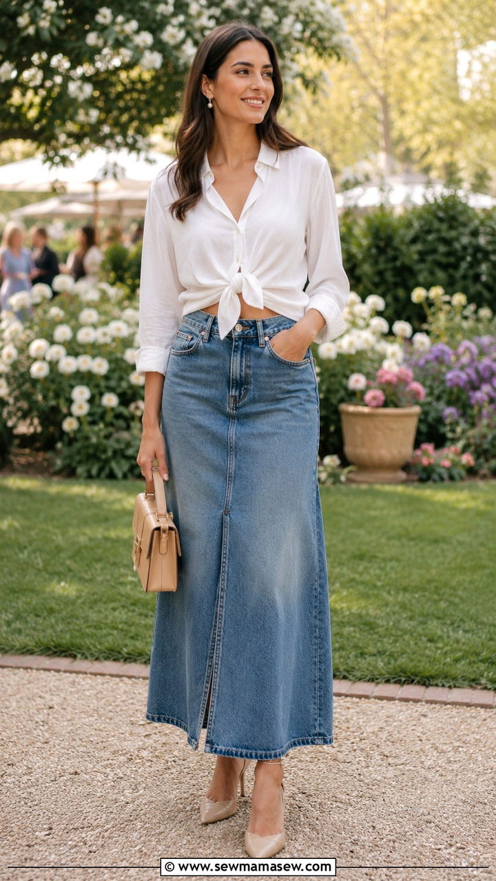 Tie Front Blouse With Long Denim Skirt And Slingback Heels - 30 Long denim skirt outfit ideas summer