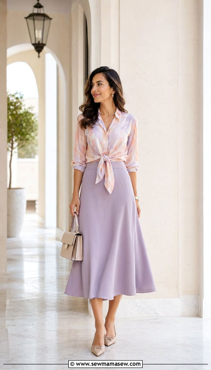 Tie Front Blouse and Midi Skirt Outfit - 35 Balletcore summer outfits
