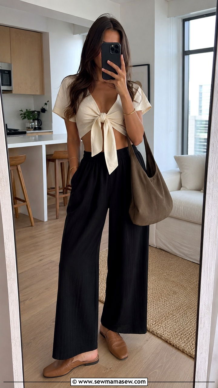 Tie Front Crop Top With Black Wide Leg Pants and Flat Mules - 25 Wide leg black pants outfit ideas with a crop top