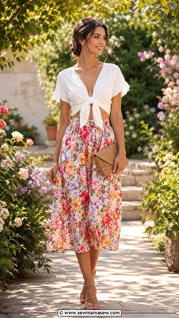 Tie Front Top With Floral Midi Skirt - 30 Midi skirt outfit ideas for summer