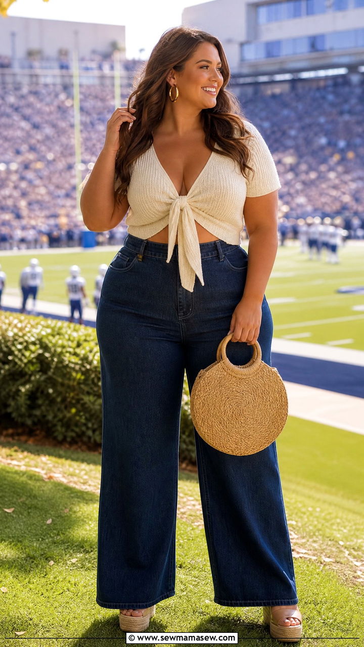 Tie Front Top With High Waisted Jeans And Wedges - 30 Football game outfit ideas plus size