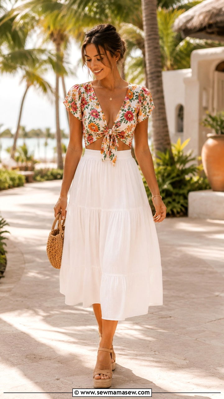 Tie Front Top With Midi Skirt And Wedge Sandals - 25 Petite outfit ideas with midi skirt