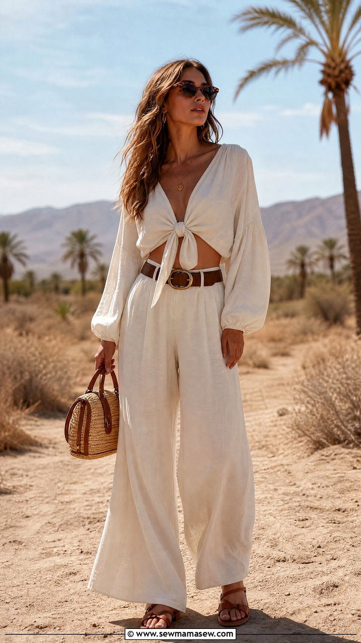 Tie Front Top With Wide Leg Pants And A Statement Belt - 20 Coachella outfits 2026